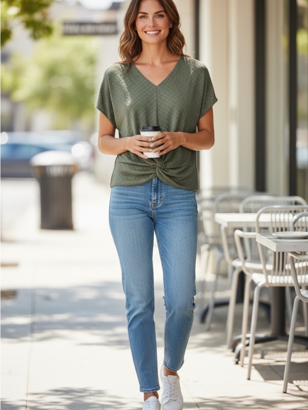 Knot-Front V-Neck Blouse in Olive Green